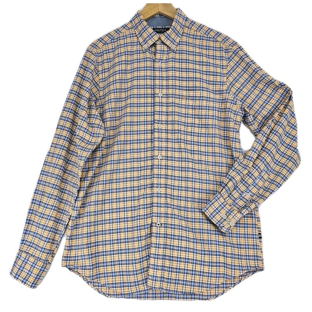 Nautica Classic Fit Mens‎ M Orange Blue Plaid Button Up Long Sleeve Dress Shirt